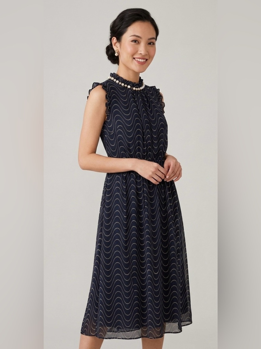 Kate Spade New York Wavy Dot Silk Midi Dress with Pearl Embellished Collar